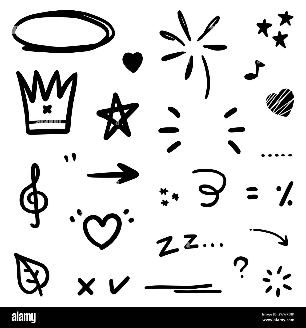 Doodle abstrakt des Swash Black Thin Line Set umfassen Herz, Kontur, Kreis und Pfeilzeichen in Vektorillustration Stock Vektor