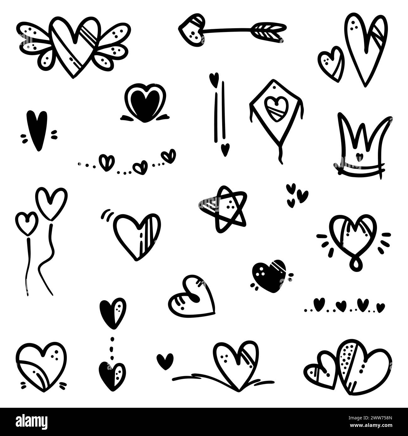 Abstraktes Doodle Heart. Thin Line Black in vielen Sammlungen. Pinsel Zeichen isolierte Liebe in Vektor-Illustration Stock Vektor