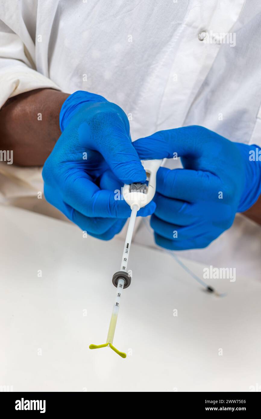 Arzt hält die vollständige hormonelle IUD bereit, um sie auf eine weibliche Patientin zu legen. Stockfoto