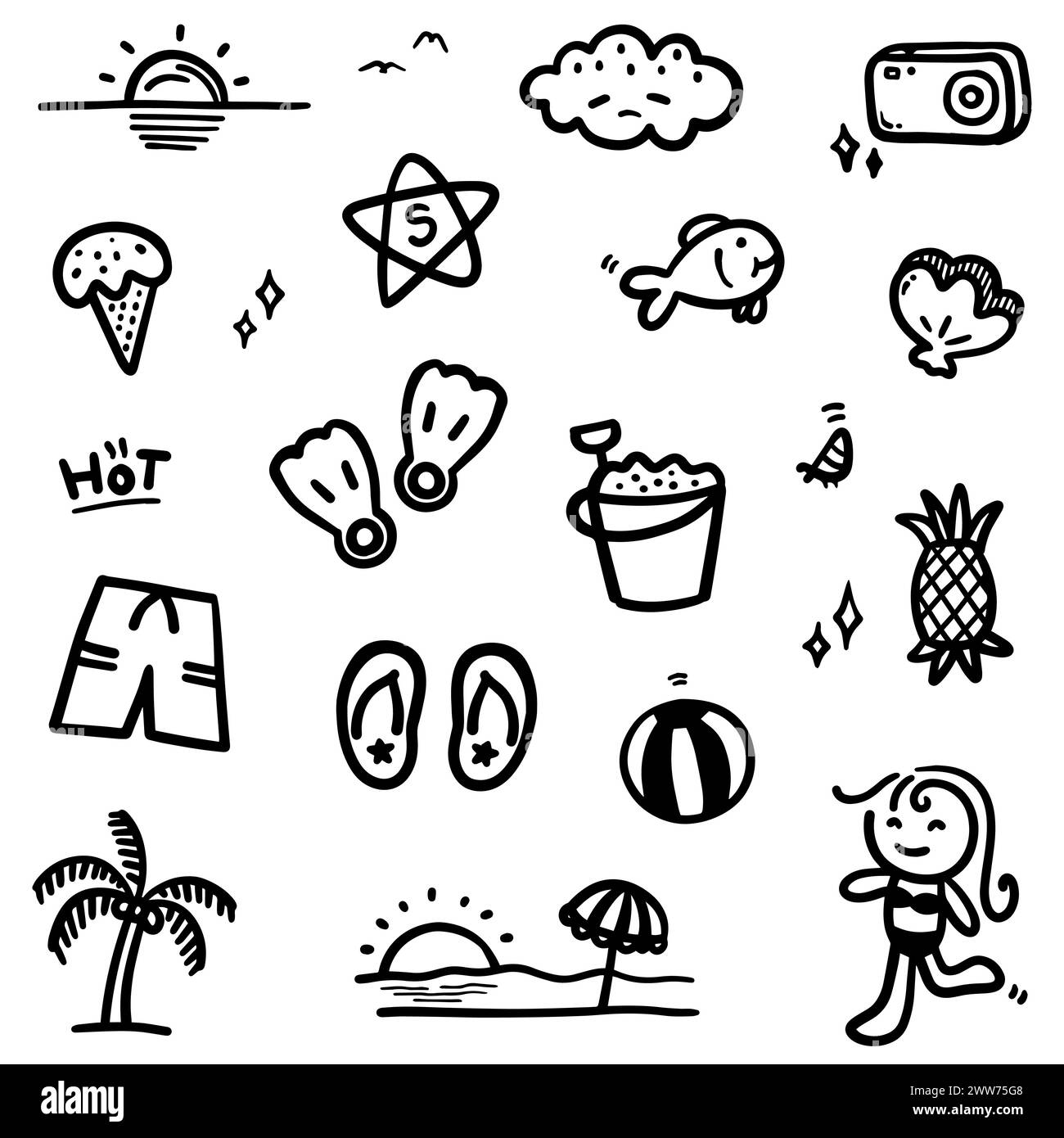 Handgezeichnetes Sommermotiv. Dünne schwarze Linie abstrakte Doodle Strand Urlaub Werkzeuge in mehreren Sammlung in Vektor Illustration Stock Vektor