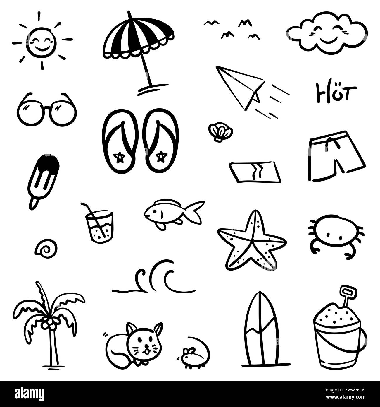Handgezeichnet von Sommermotiven. Dünne schwarze Linie abstrakte Doodle Strand Urlaub Werkzeuge in mehreren Sammlung in Vektor Illustration Stock Vektor