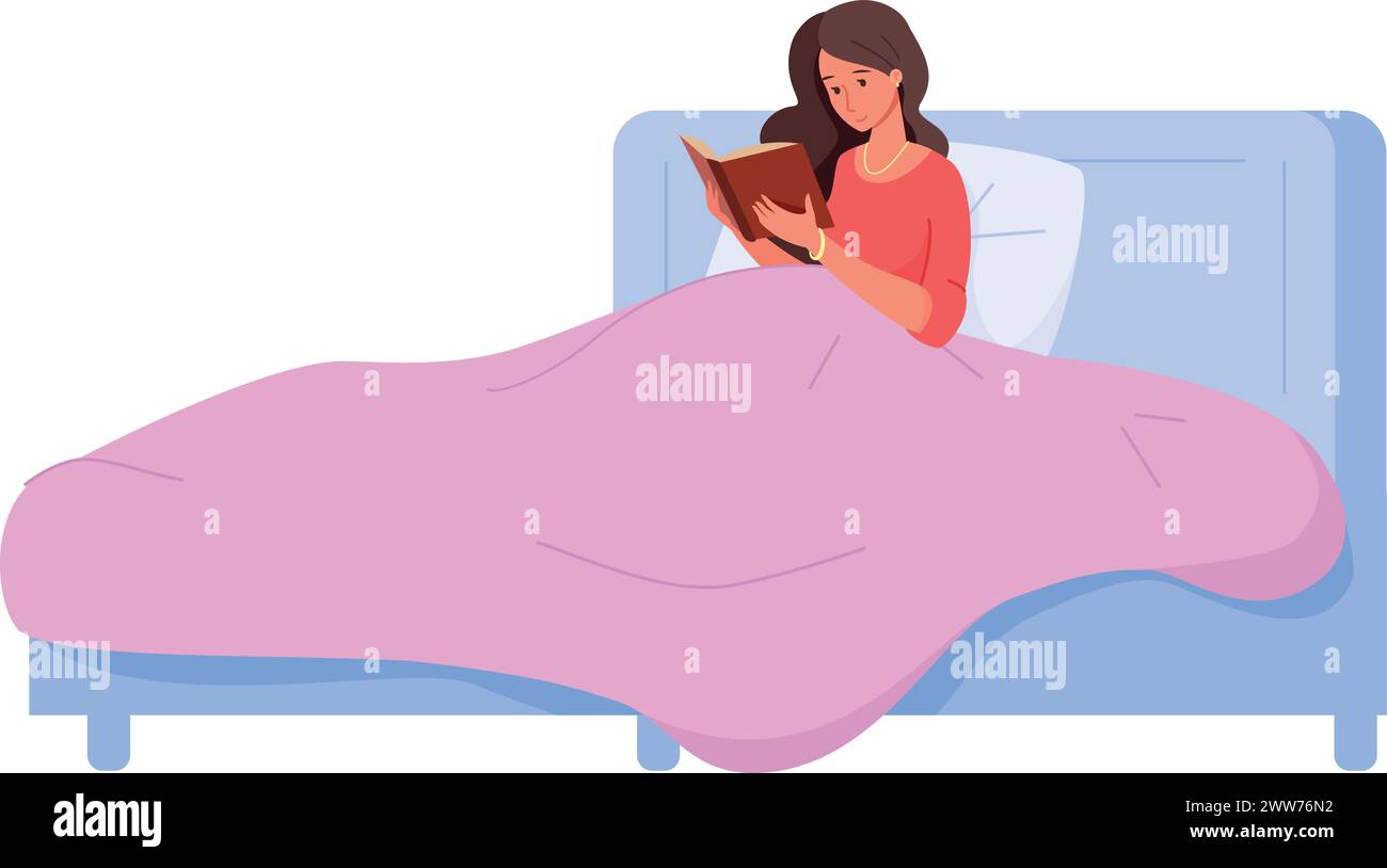 Frau liest im Bett. Schlafenszeit Freizeit Farbillustration isoliert auf weißem Hintergrund Stock Vektor