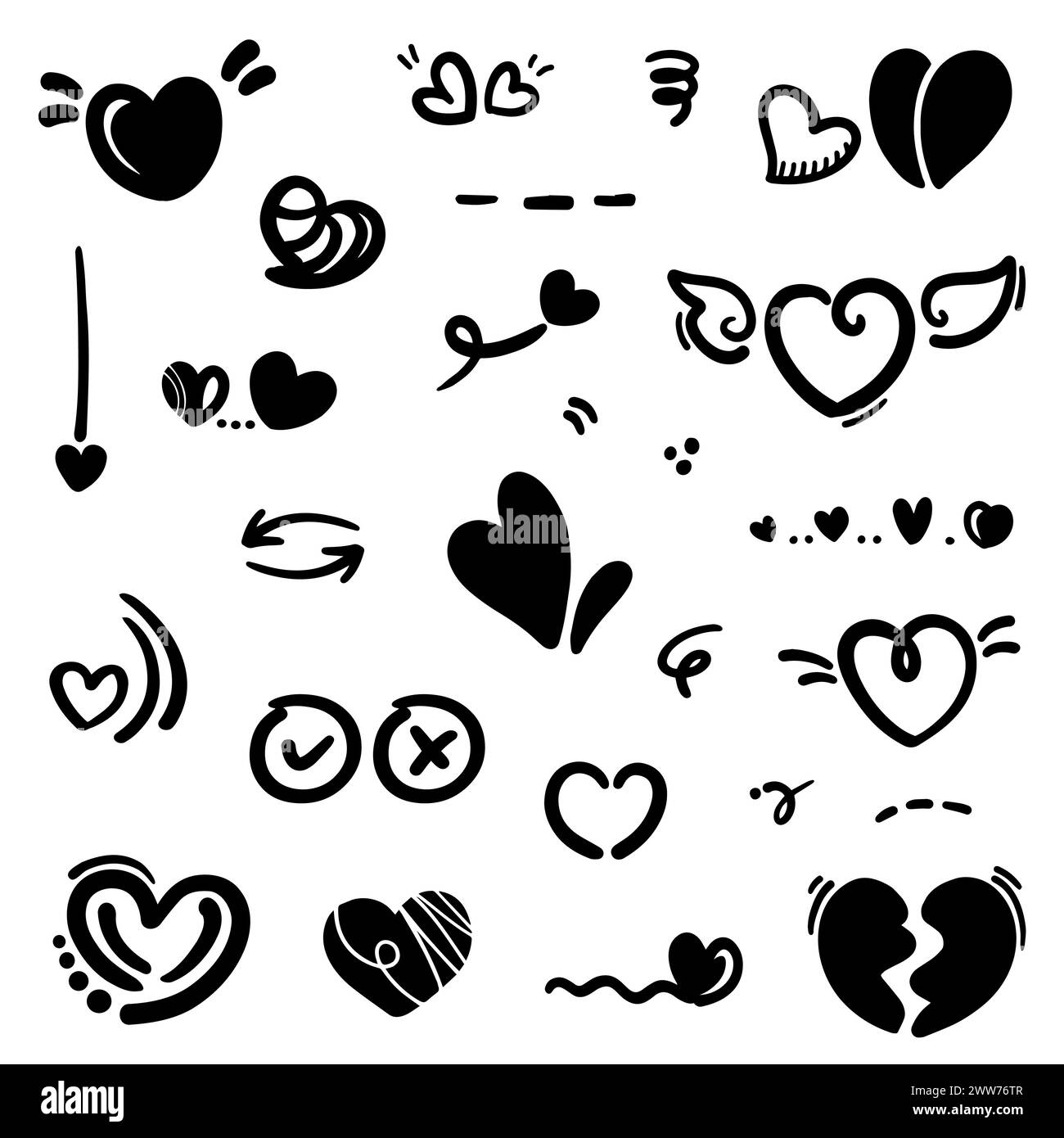 Abstraktes Doodle Heart. Thin Line Black in vielen Sammlungen. Pinsel Zeichen isolierte Liebe in Vektor-Illustration Stock Vektor