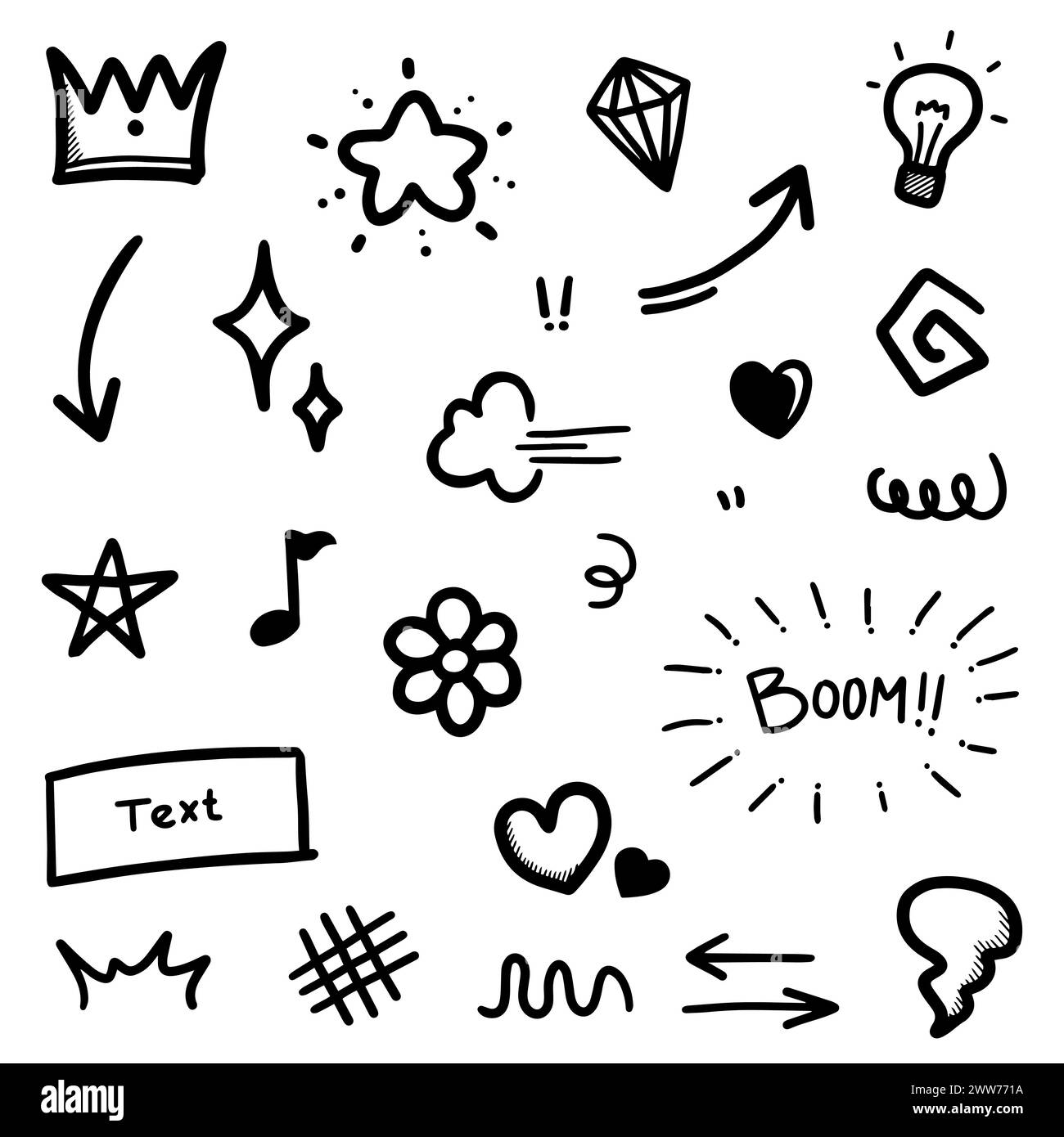 Handgezeichnetes Kritzelabstrakt mit vielen Sammlerstücken Stock Vektor