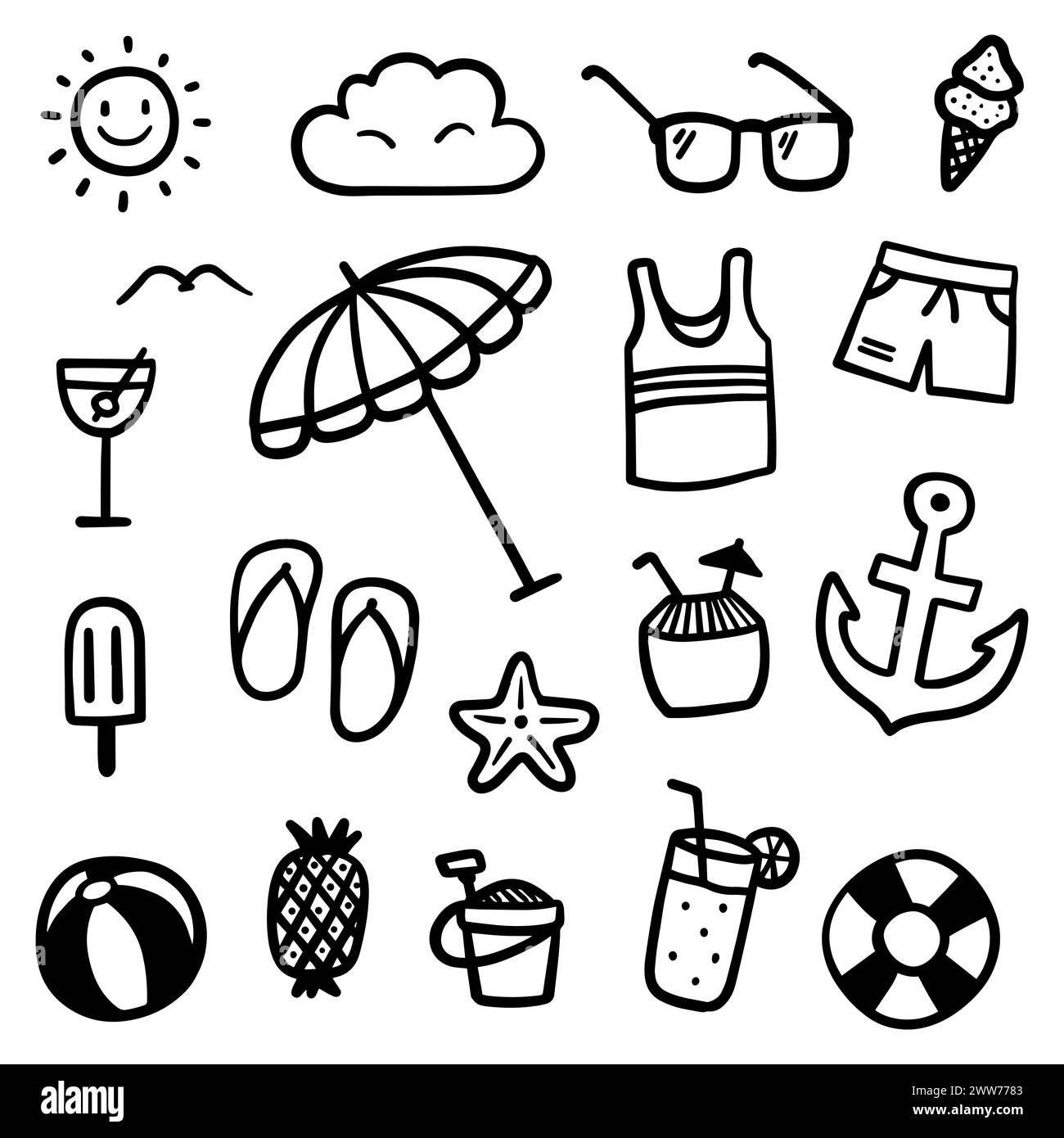 Handgezeichnetes Sommermotiv. Dünne schwarze Linie abstrakte Doodle Strand Urlaub Werkzeuge in mehreren Sammlung in Vektor Illustration Stock Vektor