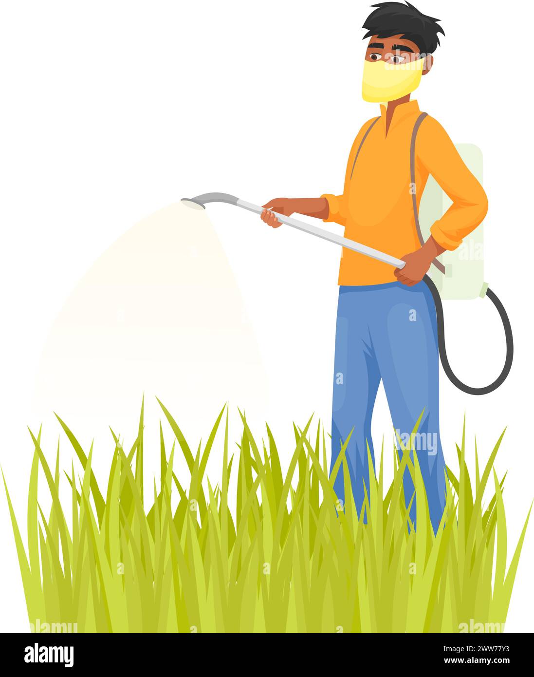 Asiatischer Landwirt, der Gras sprüht. Cartoon Gartenfigur isoliert auf weißem Hintergrund Stock Vektor