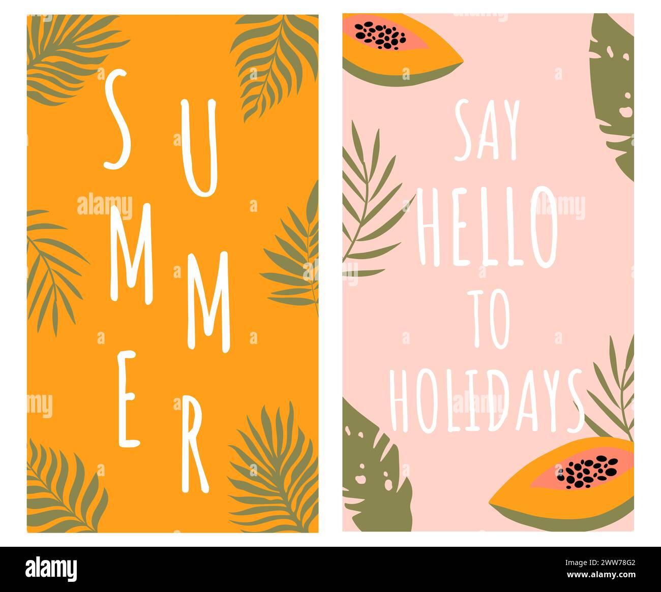 Farbenfrohe Sommervorlagen. Handgezeichnete vertikale Banner mit Palmblättern und Papaya. Stock Vektor