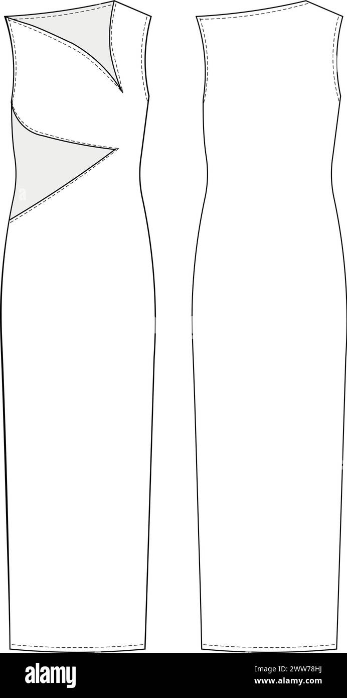 Asymmetrischer Ausschnitt Ärmellos gerade schräge h-Linie langes Maxikleid mit tief geschnittenem Ausschnitt. Vorlage technische Zeichnung Mode flache Skizze cad Modell Frau Stock Vektor