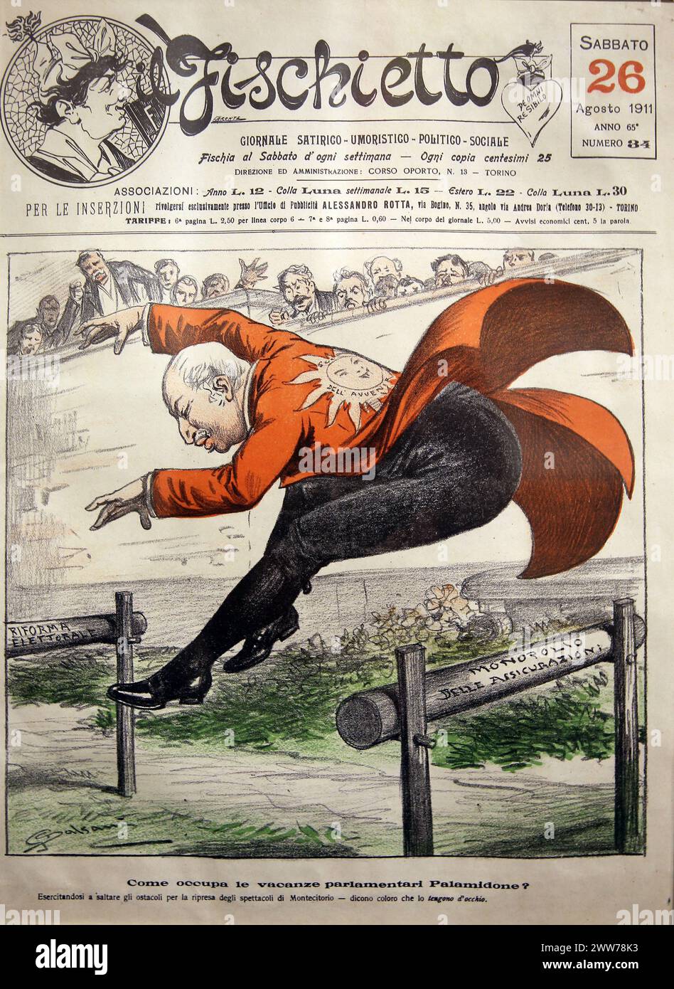 Italien. 20. Jahrhundert. Wahlreform. Lithographie von Dalsani, 1911. „Il Fischieto“, 1911. Politische Satire maganzine italienisch. Stockfoto