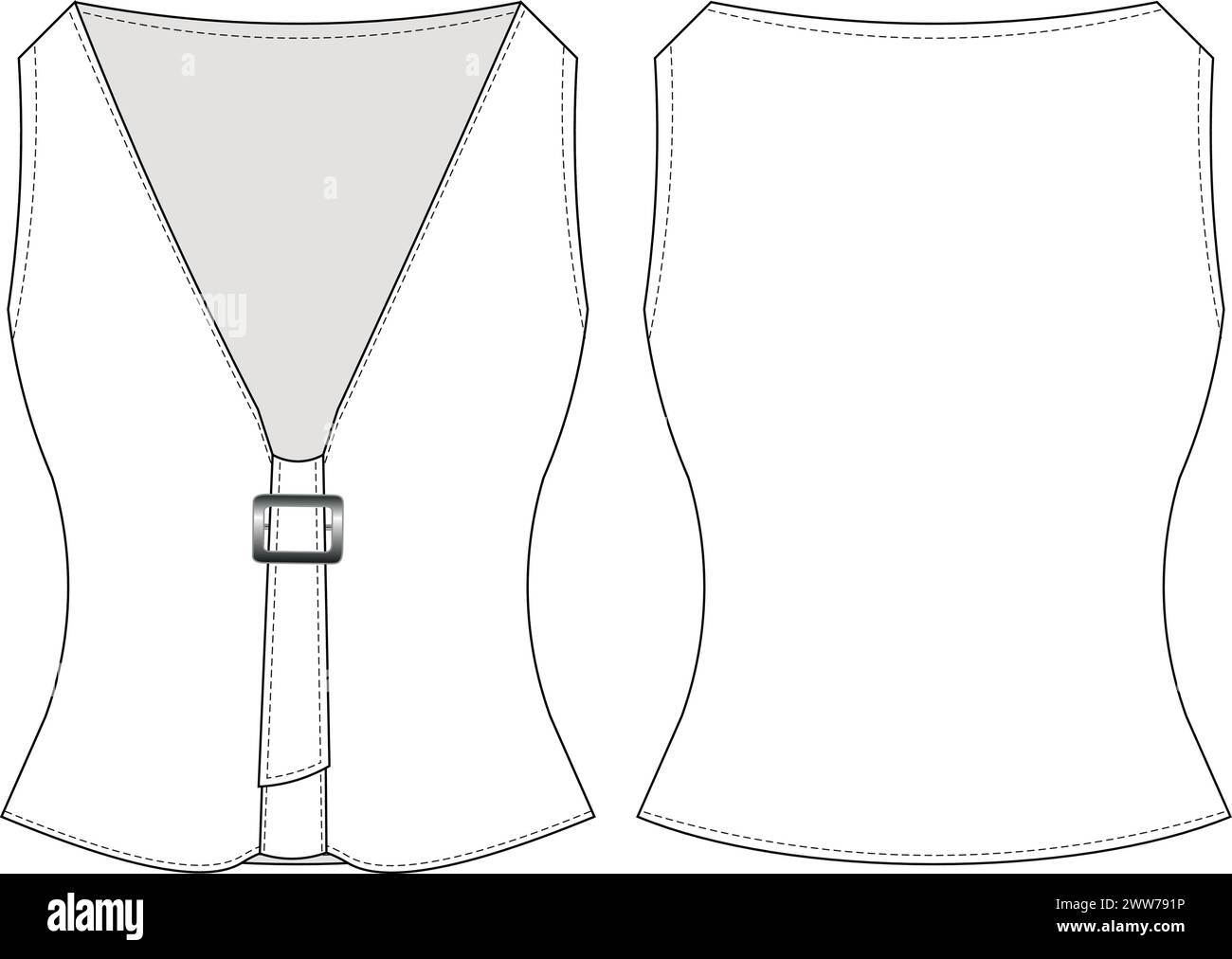 Tiefer V-Ausschnitt ärmellos mit Gürtel Neckholder Top Bluse Vorlage technische Zeichnung flache Skizze cad Modell Mode Frau Design Modell Modell Modell Stock Vektor