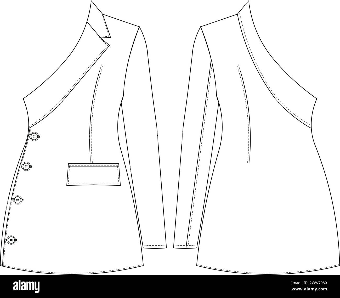 Ein-Ärmel-Kragen-Langarm-asymmetrischer Ausschnitt geknöpfte Mini-Jacke eine Linie kurzes Kleid Vorlage technische Zeichnung flache Skizze cad-Modell Fashi Stock Vektor