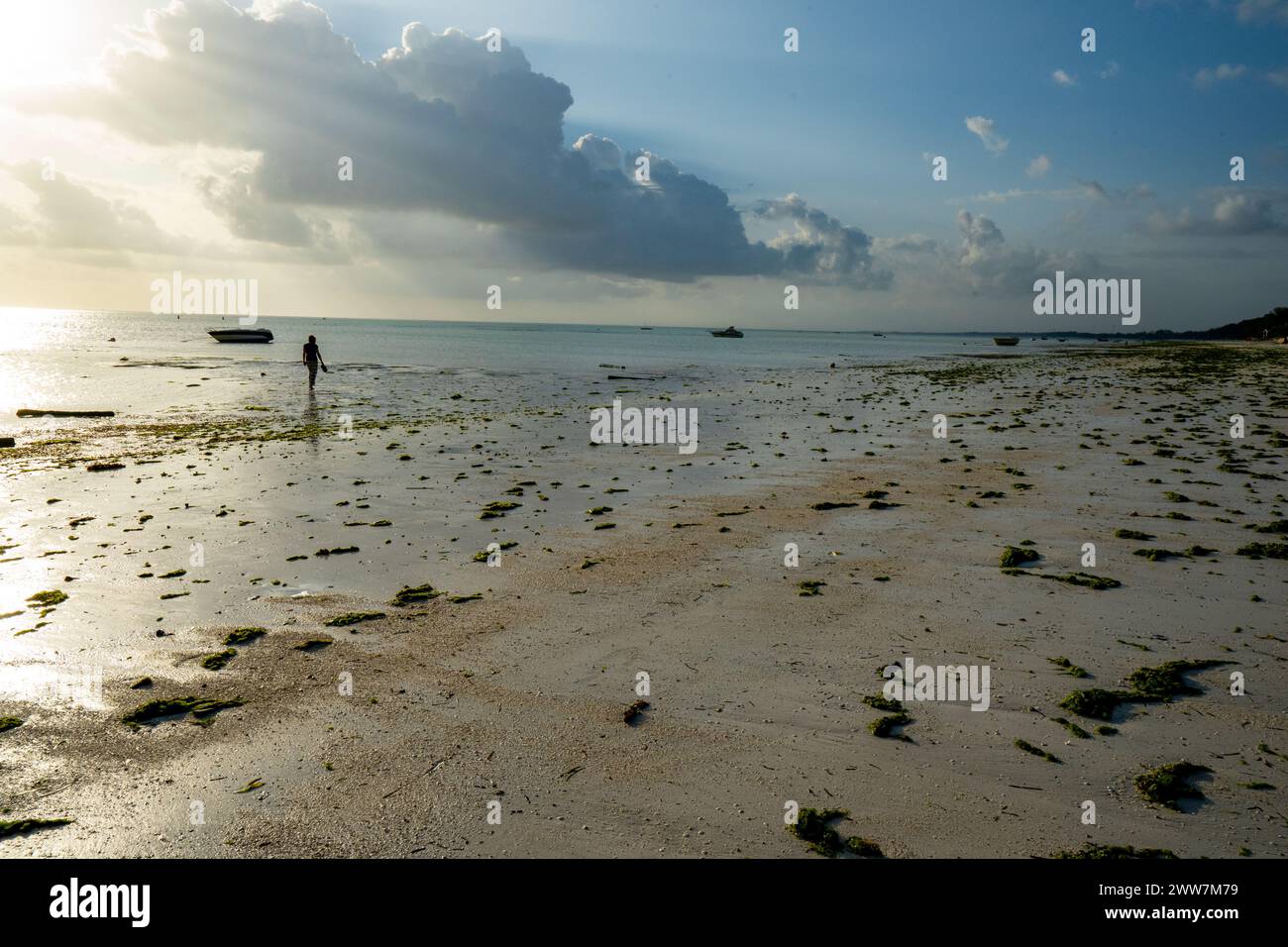 Touristen spazieren am Strand bei Sonnenuntergang. Fotografiert an der Ostküste Sansibars Stockfoto