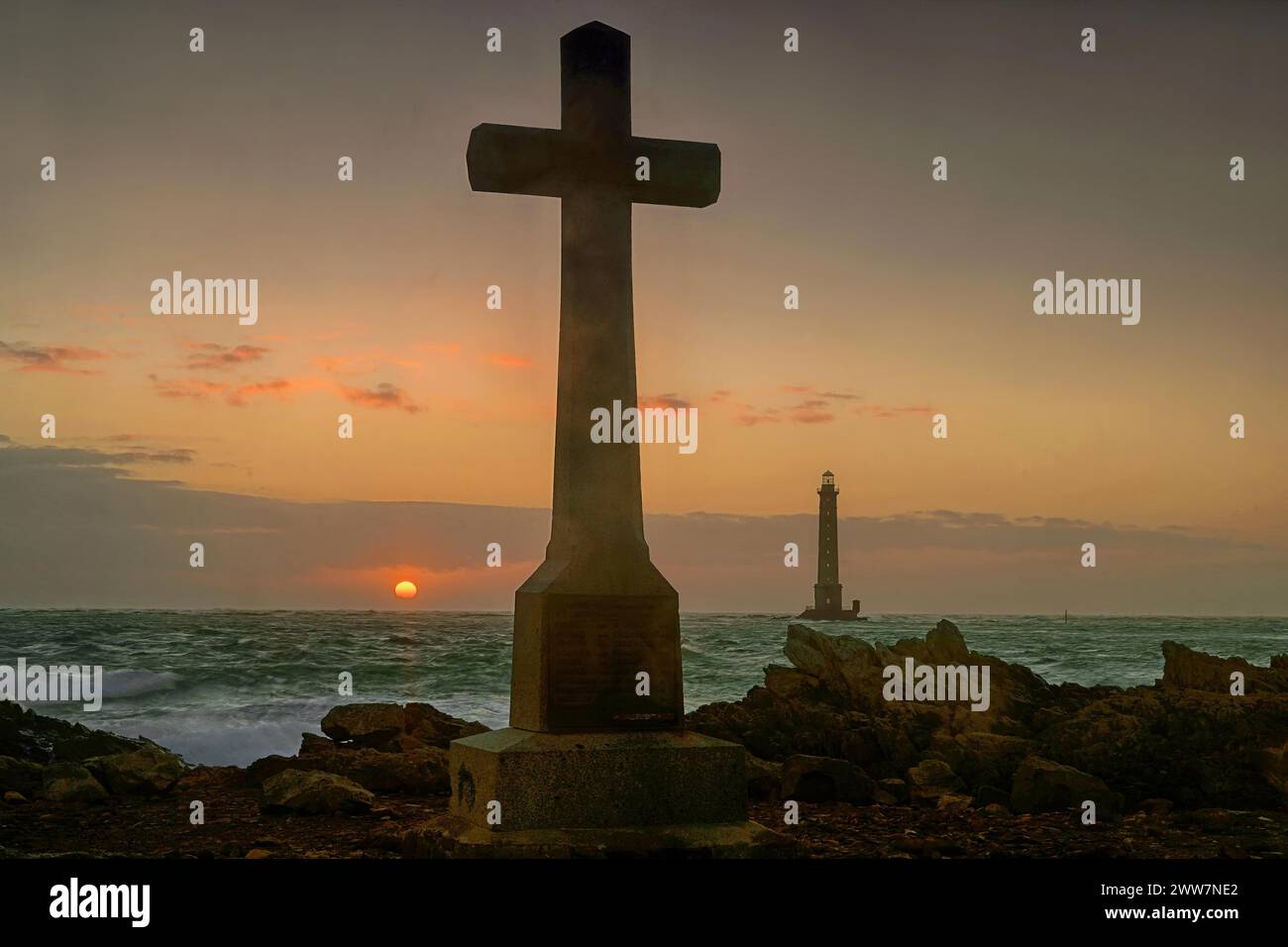 Europa, Frankreich, Normandie, Cap de la Hague, Kreuz, Leuchtturm, Architektur, Cap de la Hague, Frankreich Stockfoto