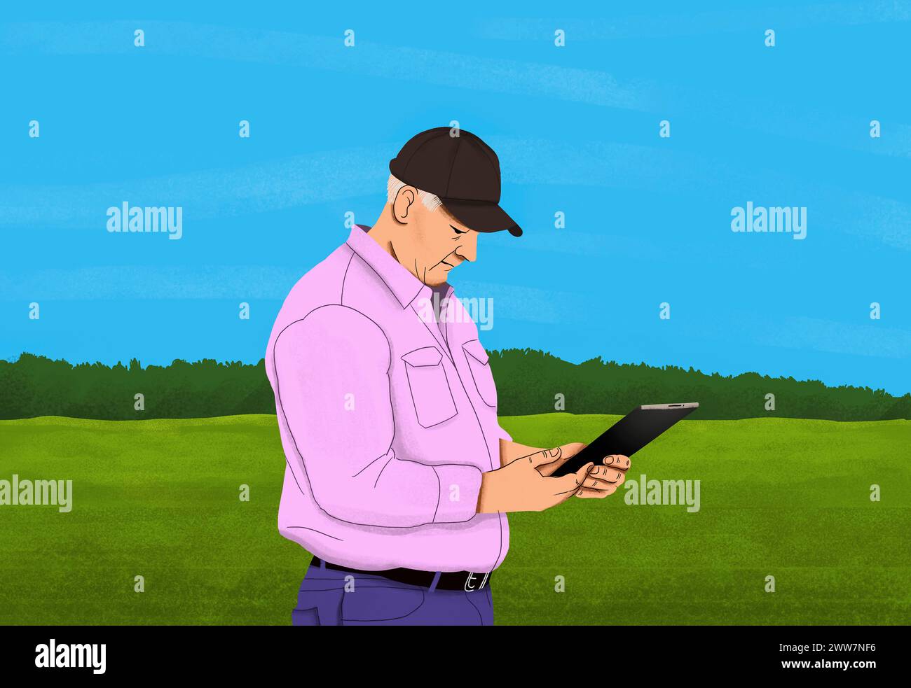 Älterer männlicher Bauer in Baseballmütze mit digitalem Tablet im ländlichen Raum Stockfoto