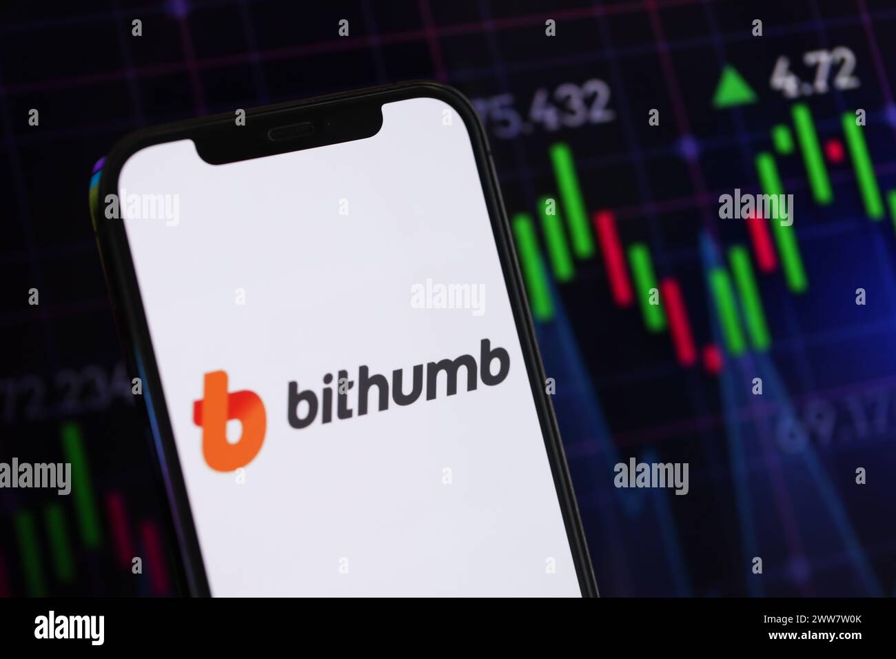 KIEW, UKRAINE - 15. MÄRZ 2024 Bithumb-Logo auf dem iPhone-Display und Kryptowährungswertdiagrammen. Portal für den Austausch von Kryptowährungen Stockfoto