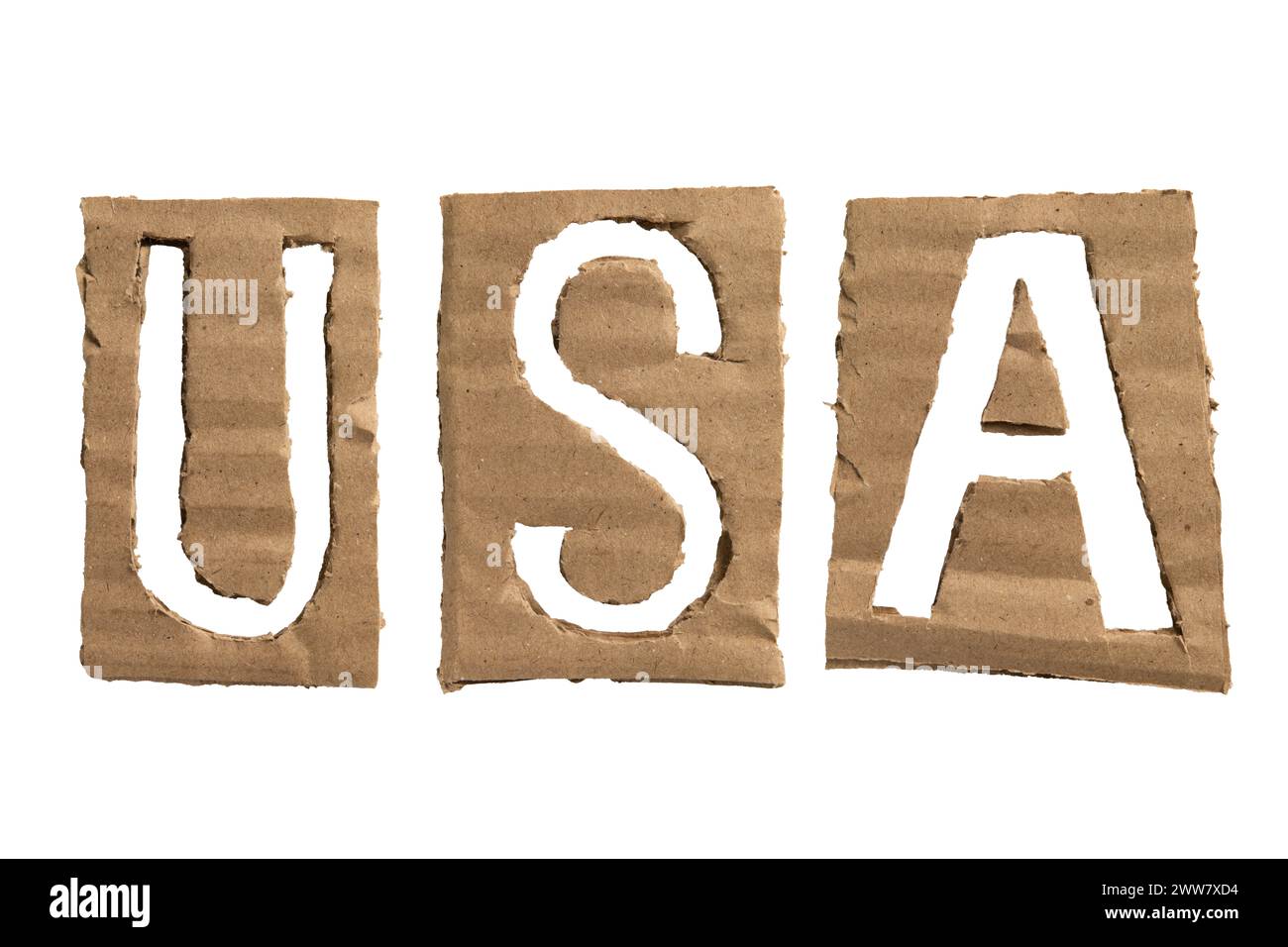 USA, eine Abkürzung für Vereinigte staaten von Amerika, Briefe aus Karton auf weißem Hintergrund mit Beschneidungspfad Stockfoto