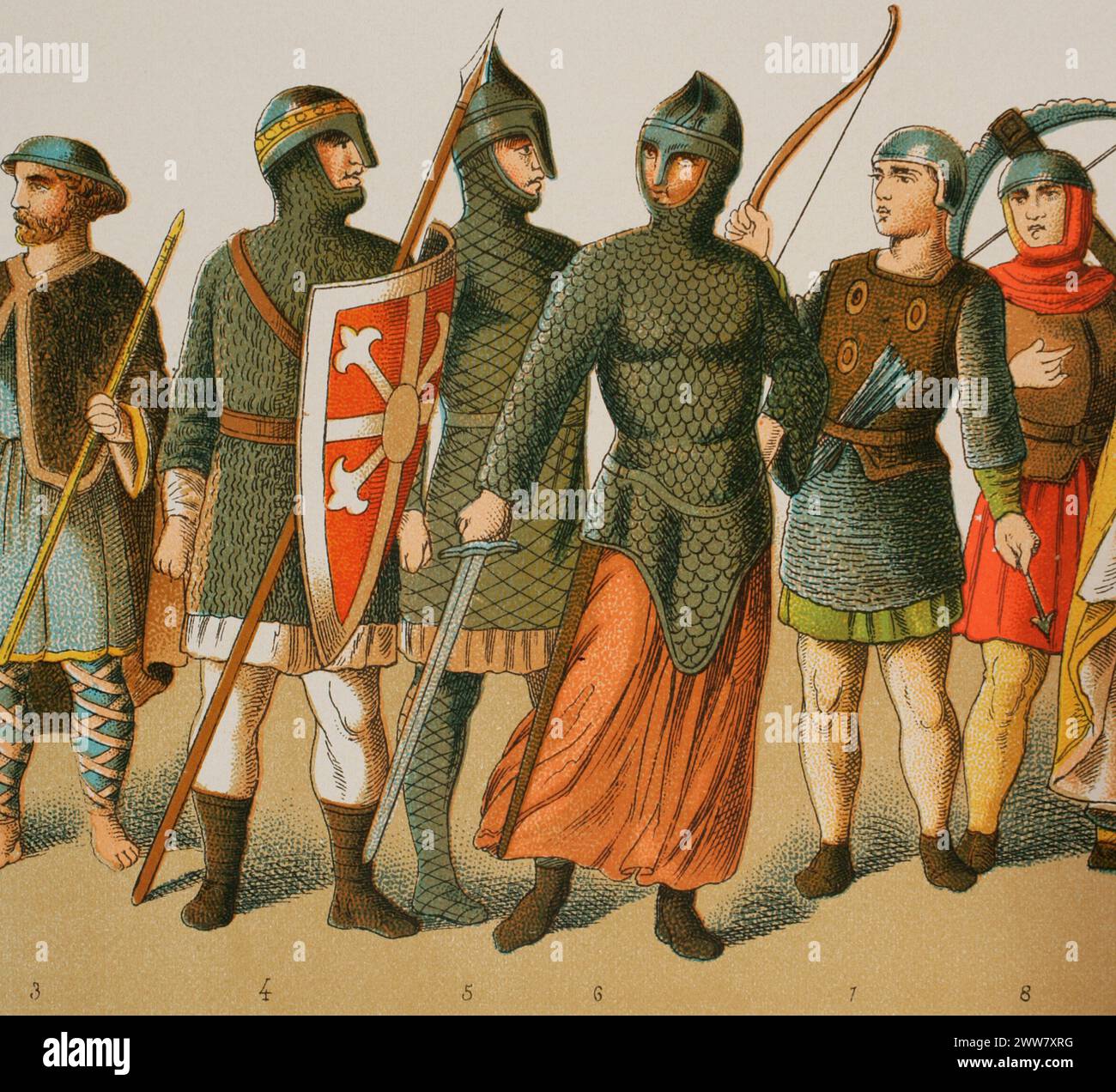 Normans, 1000-1100. Von links nach rechts, 3: pilger, 4-5-6-7-8: Krieger. Chromolithographie. "Historia Universal", von César Cantú. Volumen V, 1884. Stockfoto