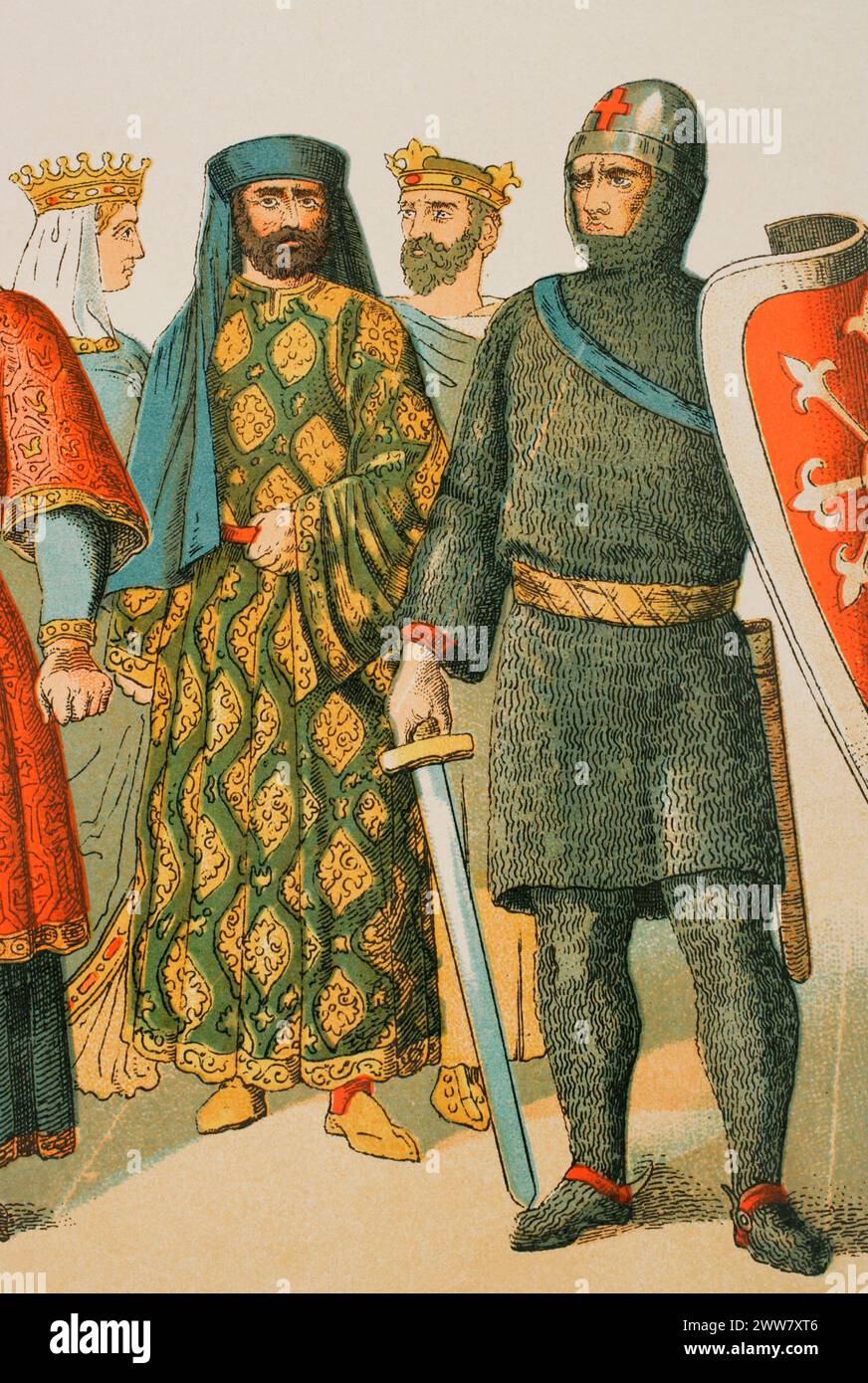 Geschichte Frankreichs, 1000. Von links nach rechts: Königin Matilda von Friesland (d. 1044), Adliger, König Heinrich I. von Frankreich (1008–1060) und Ritter des Ersten Kreuzzuges (1095–1102). Chromolithographie. "Historia Universal", von César Cantú. Volumen V, 1884. Stockfoto