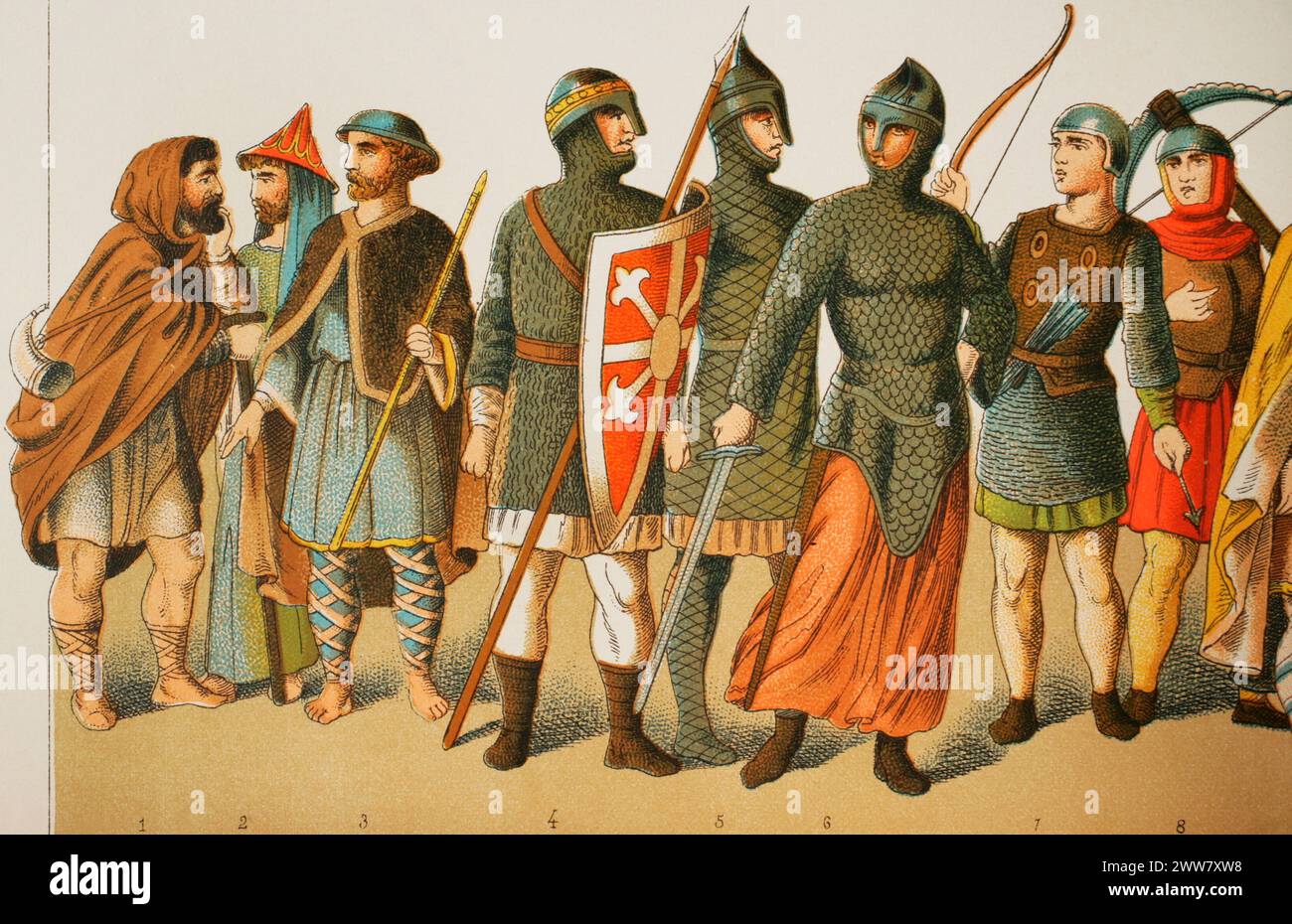 Normans, 1000-1100. Von links nach rechts, 1: schäferhund, 2: Adlige, 3: pilger, 4-5-6-7-8: Krieger. Chromolithographie. "Historia Universal", von César Cantú. Volumen V, 1884. Stockfoto