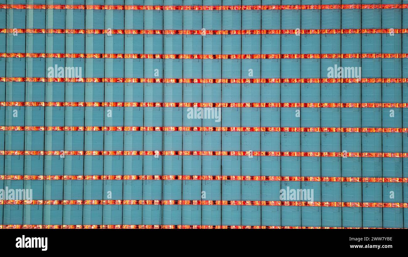 Ein kompliziertes Muster von LED-Leuchten dominiert dieses Bild und zeigt die präzise Matrix in einem großen landwirtschaftlichen Gewächshaus. Die harmonische Ausrichtung der Lichtstreifen mit den blau getönten Paneelen spiegelt das Engagement für effiziente Pflanzenpflege und futuristische Anbaumethoden wider. Architectural Harmony: Eine Matrix von LED-Leuchten in einem landwirtschaftlichen Gewächshaus. Hochwertige Fotos Stockfoto