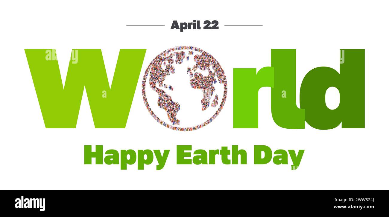 Happy Earth Day 22. April. Umweltprobleme und Umweltschutz. Retten Sie unseren Planeten. Eine große Gruppe von Menschen in Form des Erdplaneten. Stockfoto