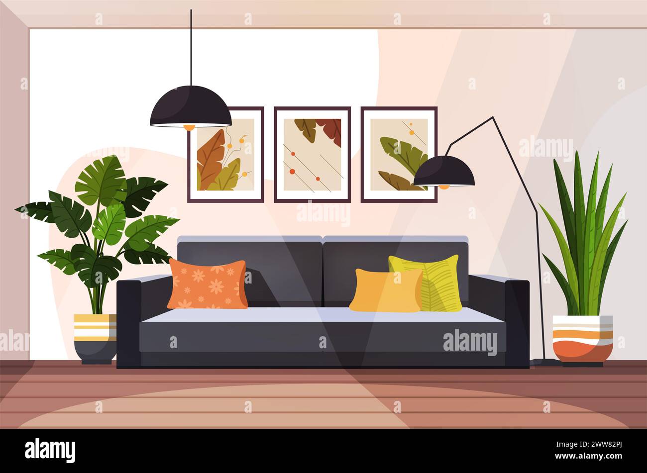 Modernes Wohnzimmer mit Möbeln und Einrichtung. Trendiges, zeitgenössisches Innendesign mit Sofa, Zimmerpflanzen, Bildern und Stehlampe. Flacher Vektor Stockfoto
