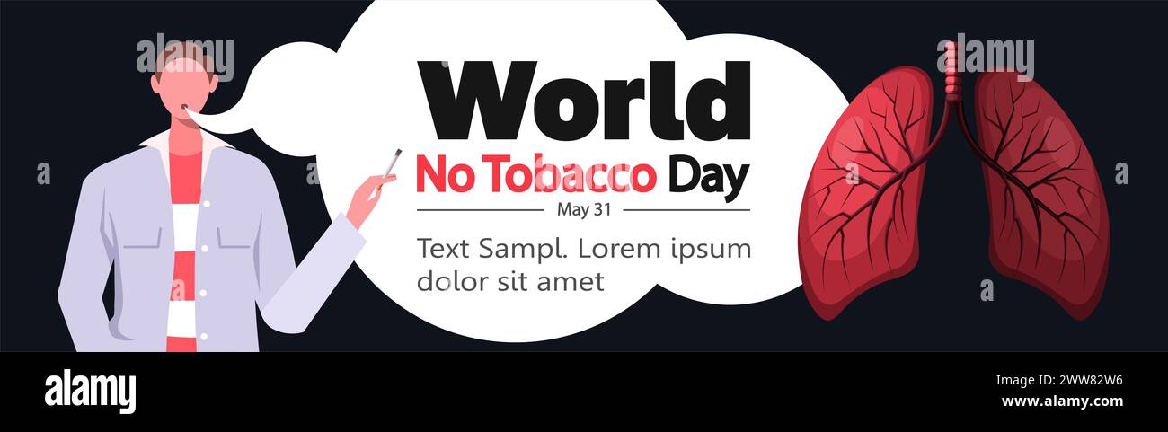 Das Banner „World No Tobacco Day“ wurde entworfen. Gefahren des Rauchens. Die Raucherwirkung auf die menschliche Lunge. Der Mann raucht eine Zigarette. Tabakabhängigkeit. Stockfoto Das Banner „World No Tobacco Day“ wurde entworfen. Gefahren des Rauchens. Die Raucherwirkung auf die menschliche Lunge. Der Mann raucht eine Zigarette. Tabakabhängigkeit. Stockfoto