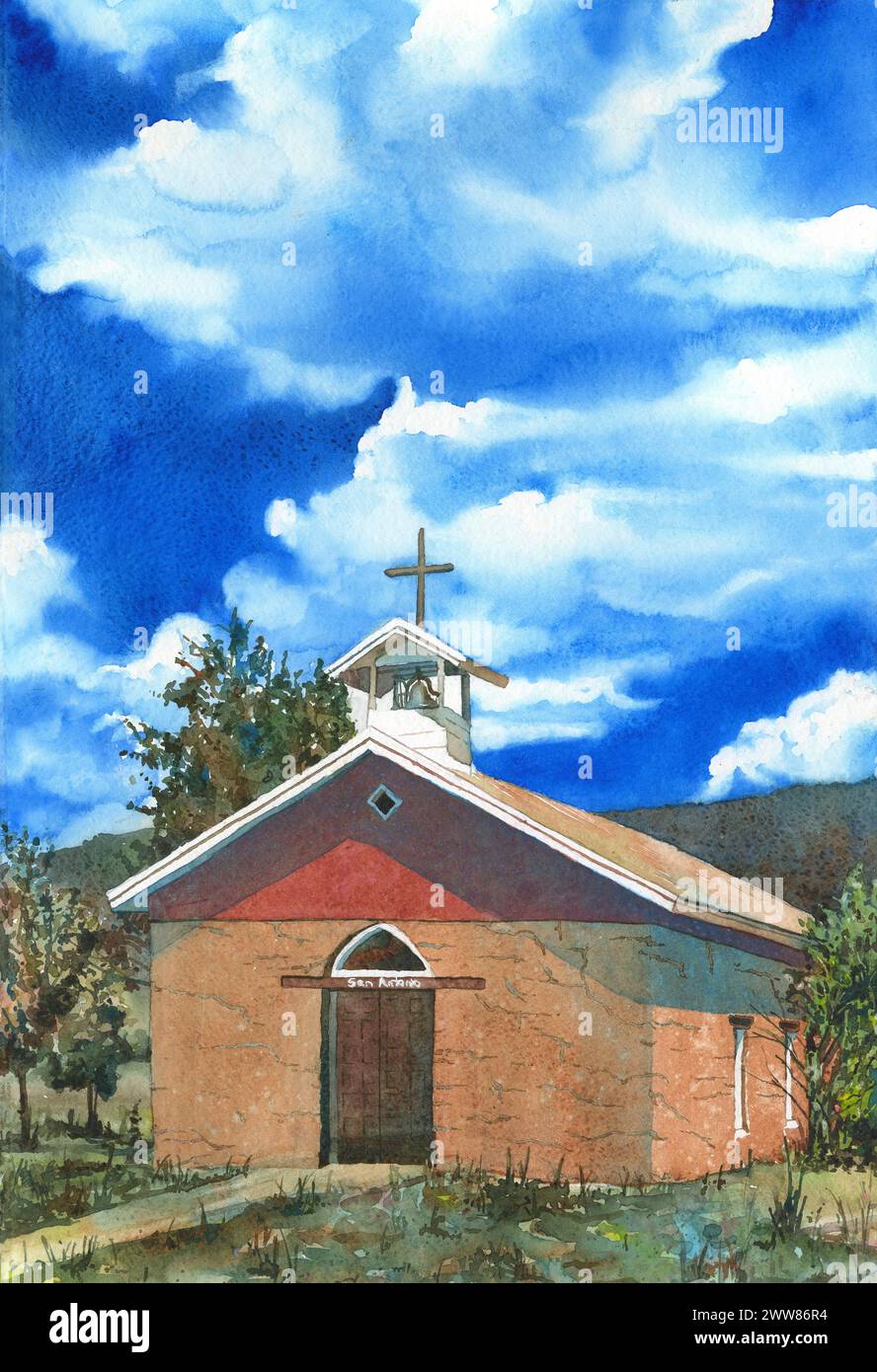 San Antonio ziegelsteinkirche in San Antonio Texas farbenfrohe Aquarelllandschaft handgefertigte Kunst für Haus Stockfoto