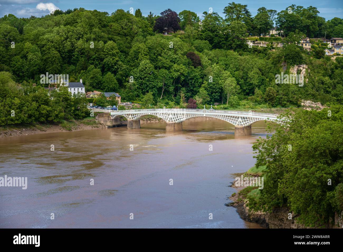 Alte Chepstow Bridge über den Fluss Wye, Wales, Großbritannien Stockfoto