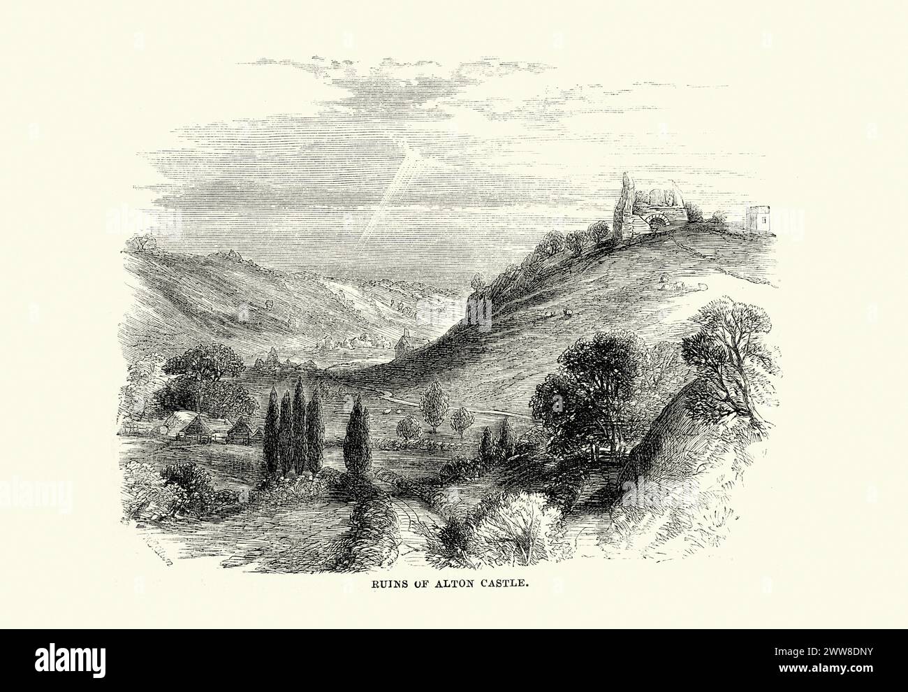 Alton Castle ist eine gotische Burg, die auf einem Hügel über dem Churnet Valley im Dorf Alton, Staffordshire, liegt. Die Anlage ist seit sächsischer Zeit befestigt, wobei die ursprüngliche Burg aus dem 12. Jahrhundert stammt. 1869 Stockfoto