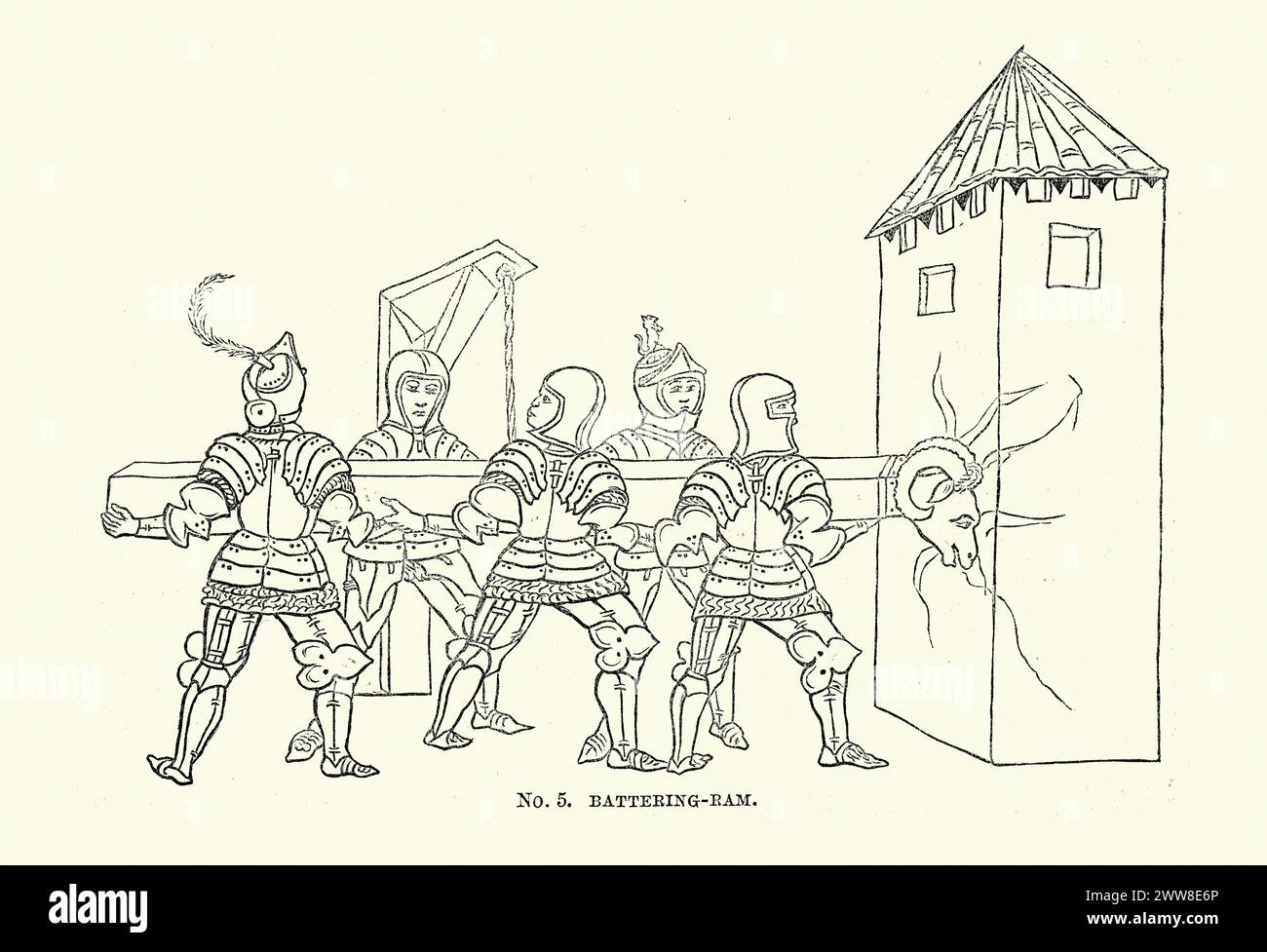 Vintage Gravur mittelalterlicher Ritter mit einem rammenden RAM. Ein Rammbock ist eine Belagerungsmaschine aus der Antike, die entworfen wurde, um die Mauern von Befestigungen aufzubrechen oder ihre Holztore zu Spalten. Stockfoto