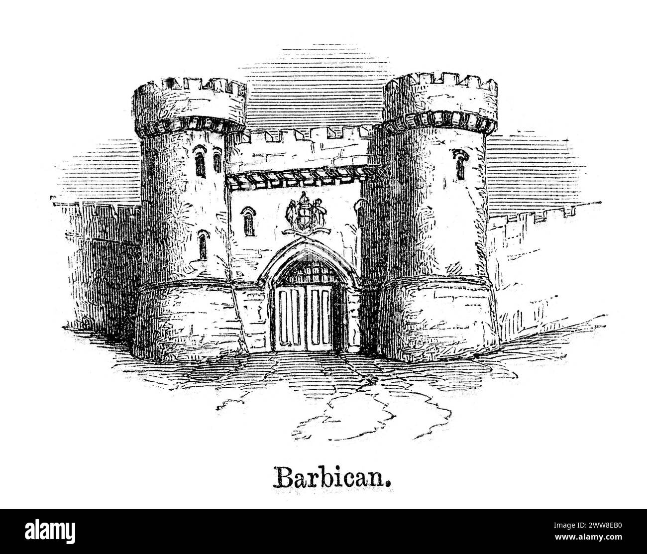 Vintage-Gravur mit einem Barbican, einem befestigten Außenposten oder Tor, wie einer äußeren Verteidigung zu einer Stadt oder Burg, oder einem Turm über einem Tor oder einer Brücke, der zu Verteidigungszwecken genutzt wurde. 1864 Stockfoto