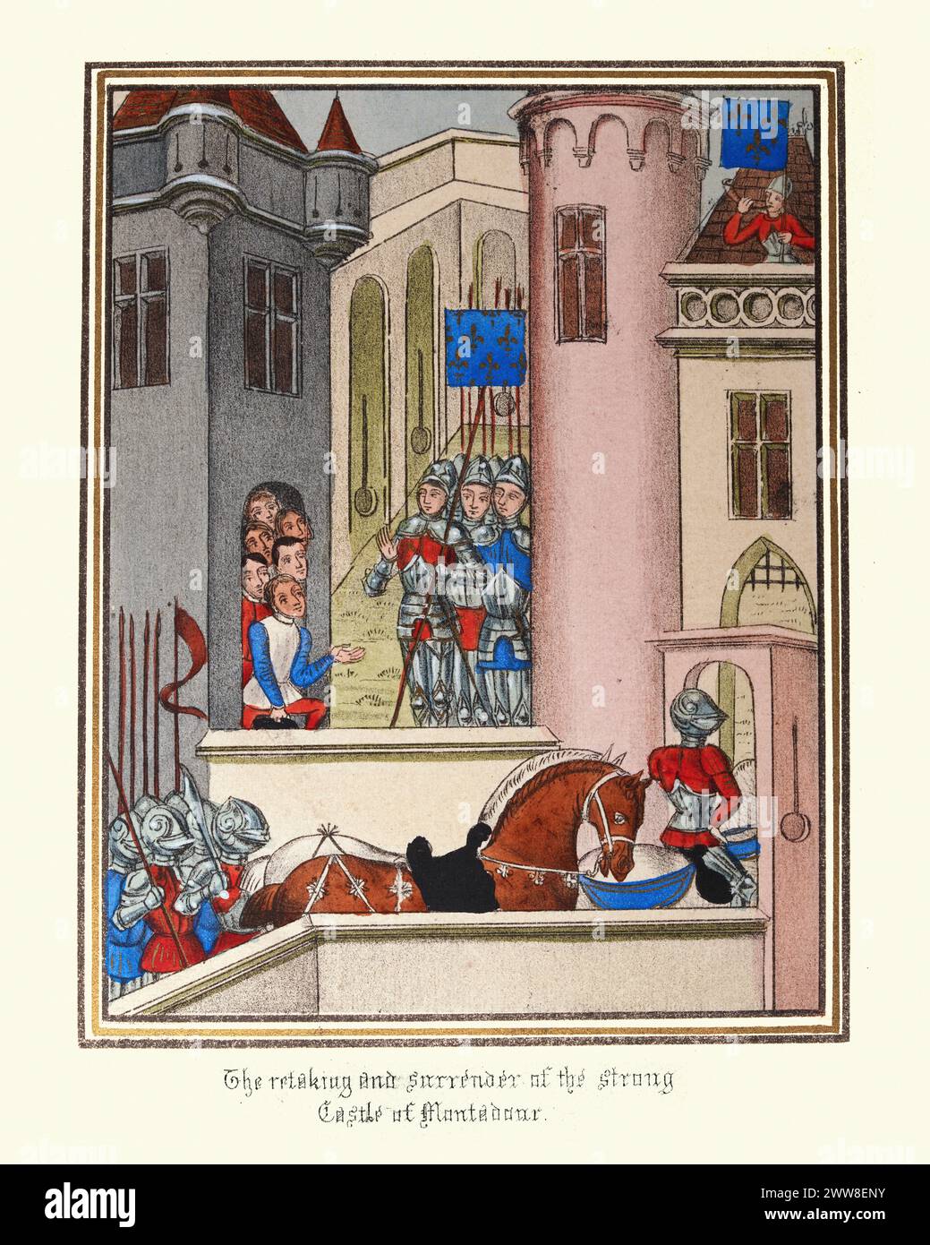 Vintage-Gravur der Rückeroberung und Kapitulation des starken Schlosses von Ventadour. Illustration für Chroniken von Sir John Froissart Stockfoto