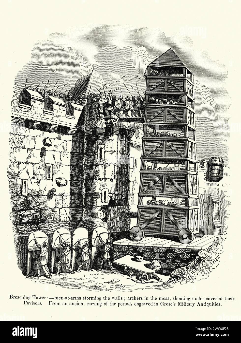 Alte Illustration mittelalterlicher Belagerungskämpfe, bewaffnete Männer stürmen Mauern vom Belagerungsturm, Bogenschützen mit Pflasterschilden Stockfoto
