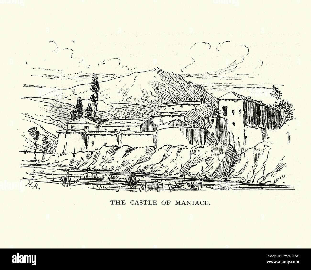 Vintage-Stich der Skizze von Maniace Castle, Sizilien, 19. Jahrhundert. Mit Halilton Aide. Schloss Maniace ist eine der Hauptattraktionen der Gemeinde Maniace, die zwischen 1232 und 1240 vom Kaiser Friedrich II. Erbaut wurde Stockfoto