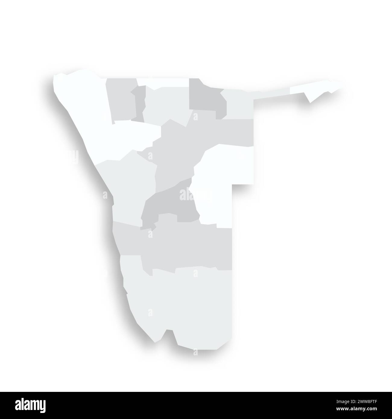 Namibias politische Karte der Verwaltungsbereiche - Regionen. Graue leere flache Vektorkarte mit fallendem Schatten. Stock Vektor