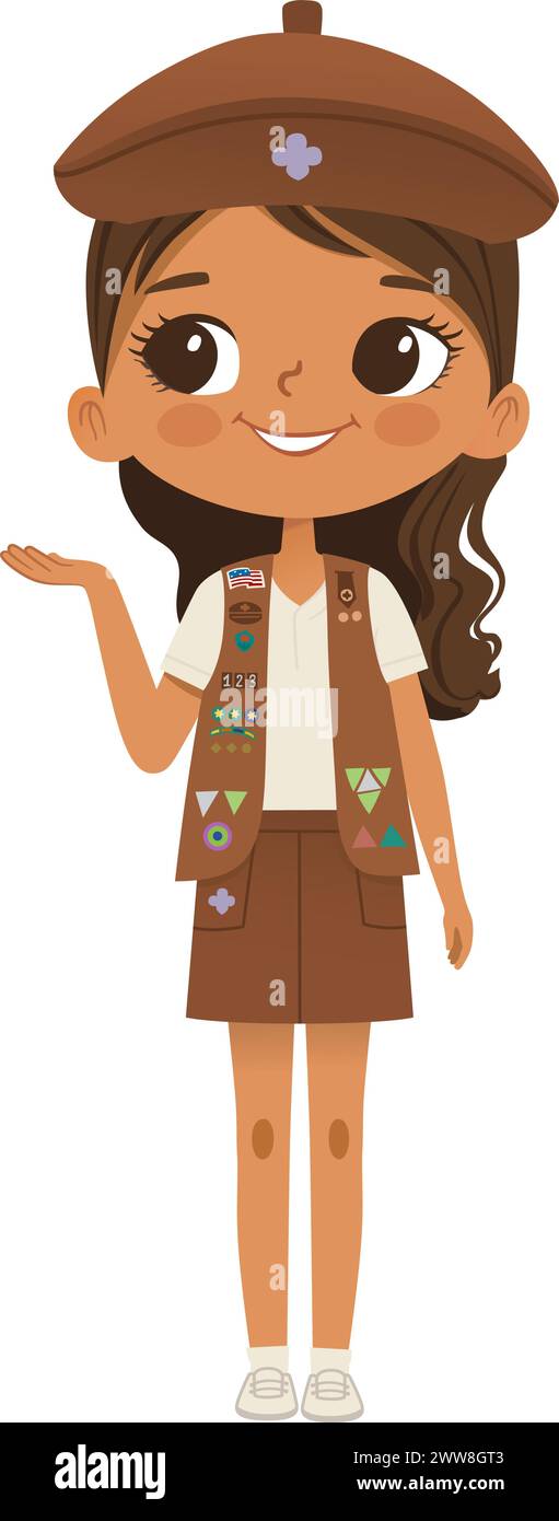 Lächelnde afroamerikanische Pfadfinderin trägt Schärpe mit Abzeichen isoliert auf weißem Hintergrund. Weibliche Scouterin, Brownie ligue Scout Girls Truppe Stock Vektor