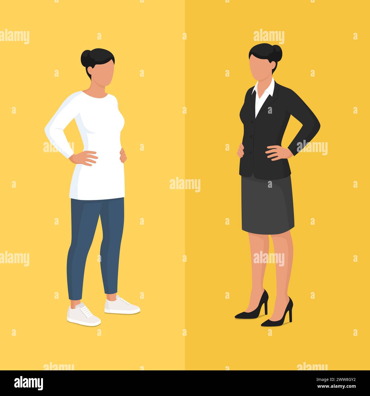 Dieselbe Frau in Freizeitkleidung und formeller Geschäftskleidung: Identität und Berufskonzept Stock Vektor