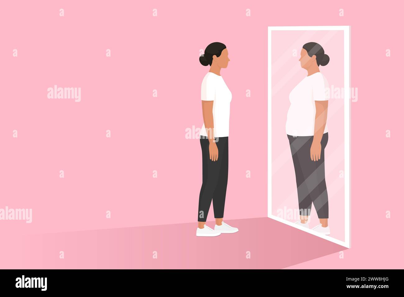 Frau, die in den Spiegel blickt und sich als übergewichtig sieht: Essstörungen und Anorexie-Konzept Stock Vektor