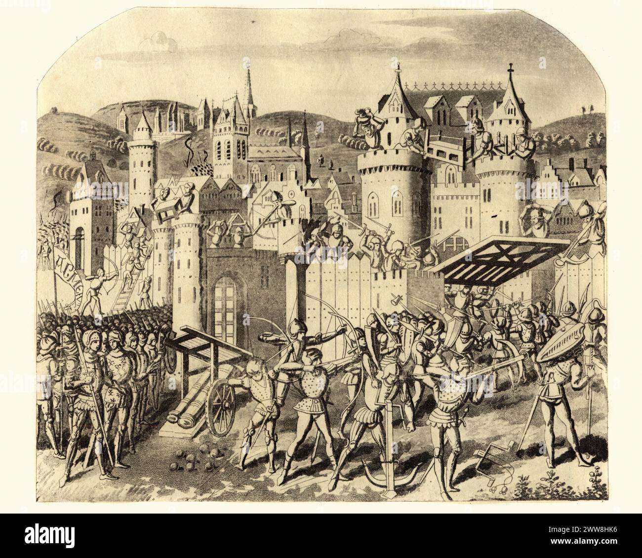 Vintage-Gravur einer Szene aus Froissart's Chronicles. Der Earl of Haynault erobert und zerstört Aubenton Stockfoto
