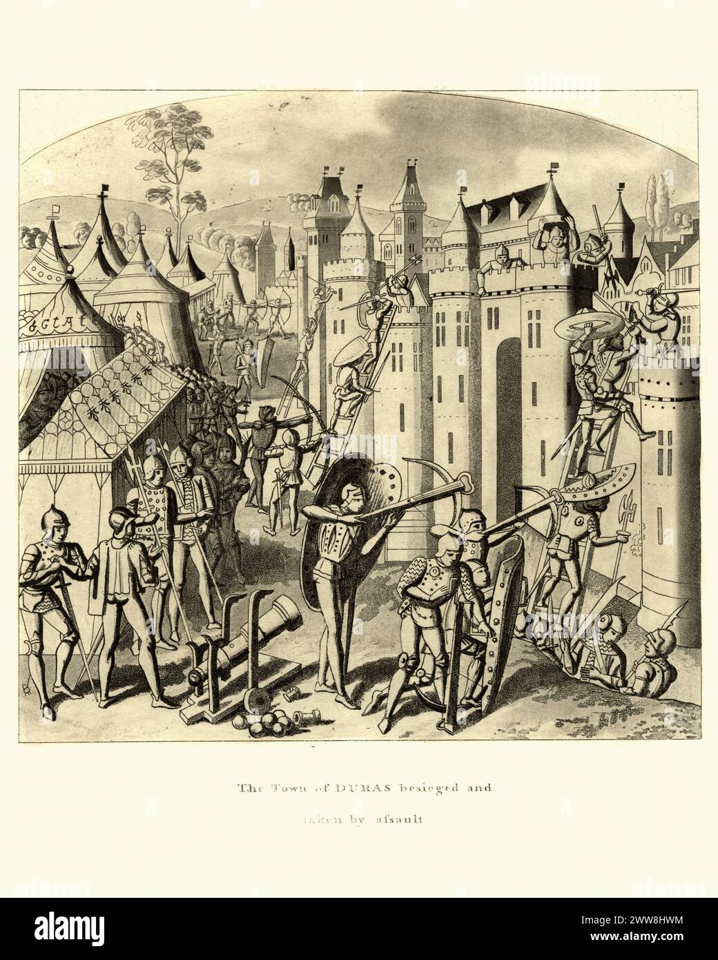 Vintage-Gravur einer Szene aus den Froissart's Chronicles, Hundred Years' war, Belagerung of Duras 1377. Stockfoto
