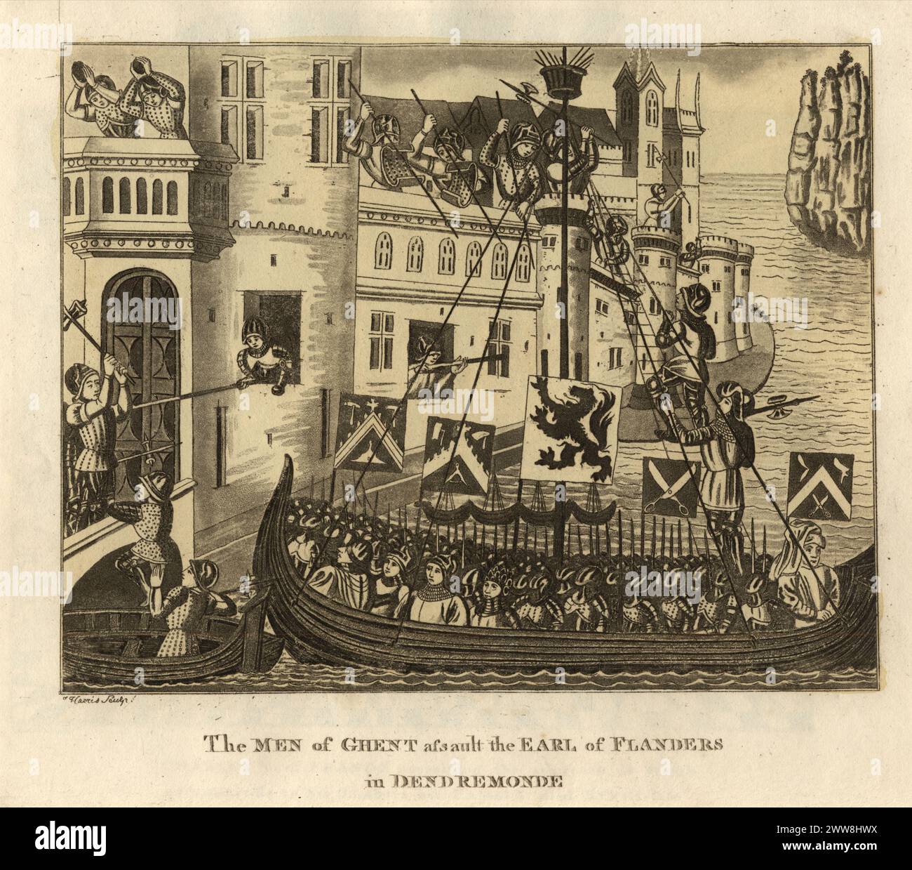 Vintage-Gravur einer Szene aus den Froissart's Chronicles, Hundred Years' war. Die Männer von Gent greifen den Earl of Flanders in Dendremonde an Stockfoto