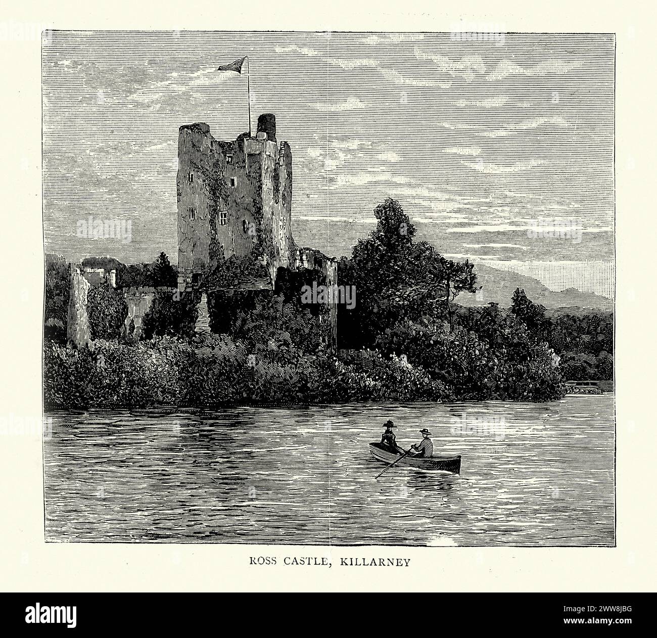 Ross Castle ist ein Turm aus dem 15. Jahrhundert, der eine Burg am Rande des Lough Leane in Killarney, County Kerry, Irland, beherbergt. 1890er Jahre Stockfoto