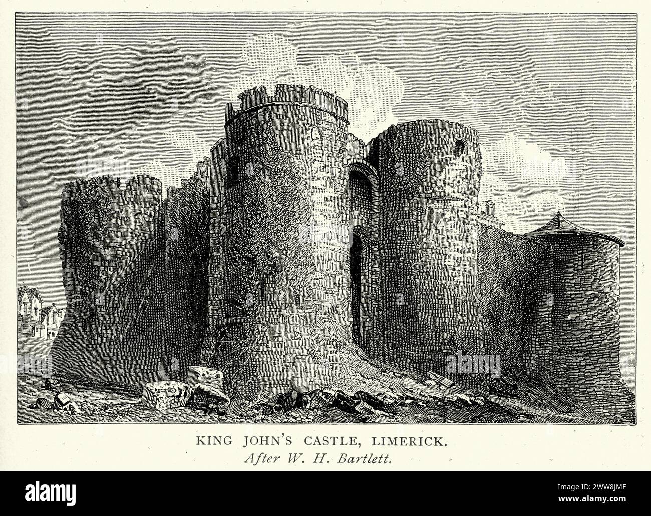 Alte Illustration King John's Castle, auch bekannt als Limerick Castle, ist ein Schloss aus dem 13. Jahrhundert auf King's Island in Limerick, Irland, neben dem Fluss Shannon Stockfoto