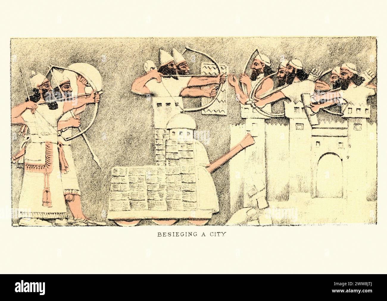 Alten Assyrer belagern eine Stadt mit Bogenschützen, Belagerungstürme und Rammbock Stockfoto