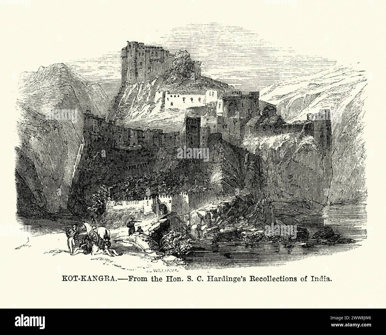 Vintage-Stich von Kangra Fort, Indien 19. Jahrhundert. Das Kangra Fort wurde von der königlichen Rajput-Familie des Kangra State (der Katoch-Dynastie) erbaut, die seine Ursprünge auf das antike Königreich Trigarta zurückverfolgt, das im Mahabharata-Epos erwähnt wird. Es ist die größte Festung im Himalaya und wahrscheinlich die älteste datierte Festung Indiens. Stockfoto