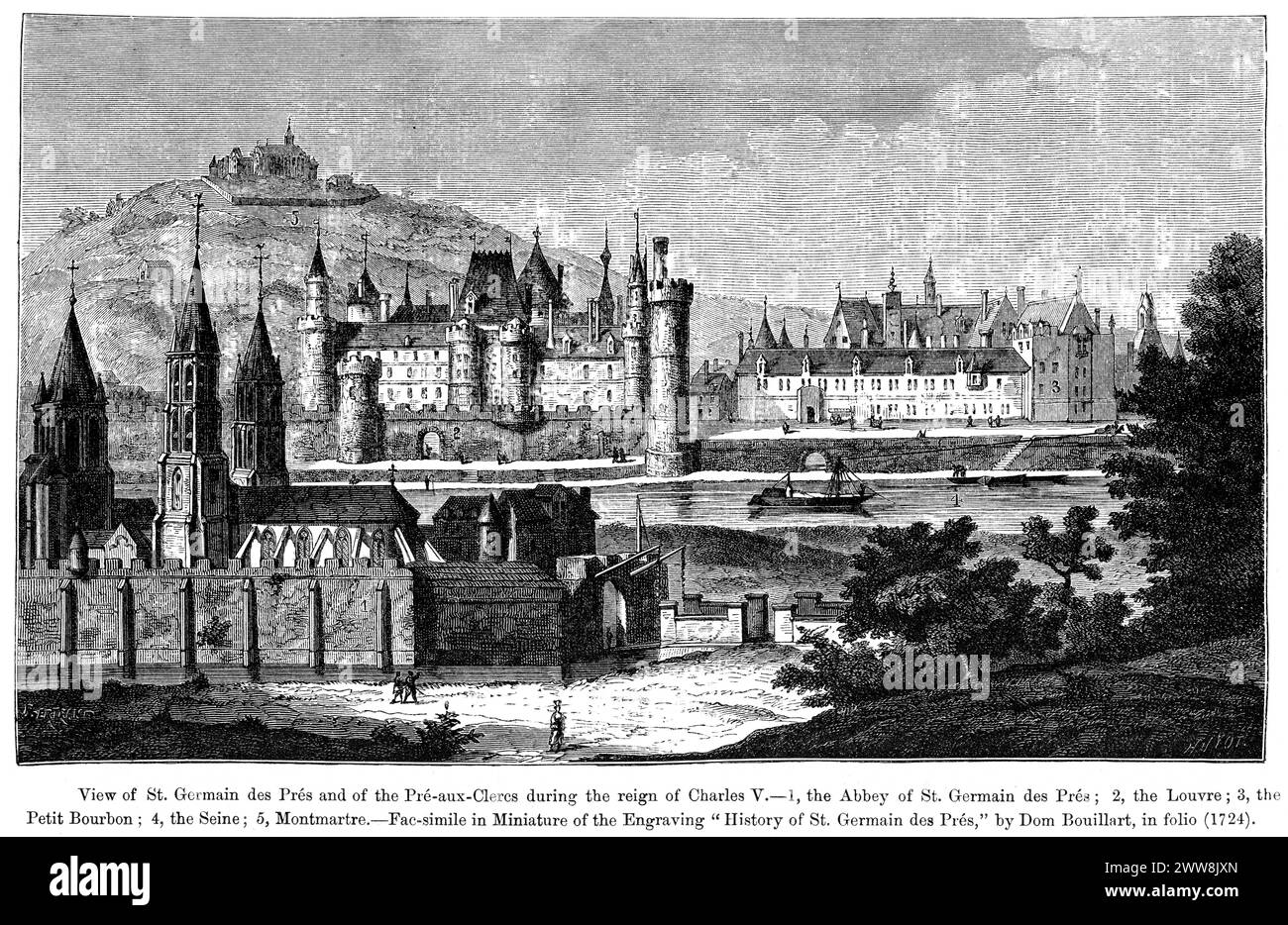 Blick auf St. Germain des Pres und die Pre-AuxClercs während der Regierungszeit von Karl V., Paris, Frankreich Stockfoto