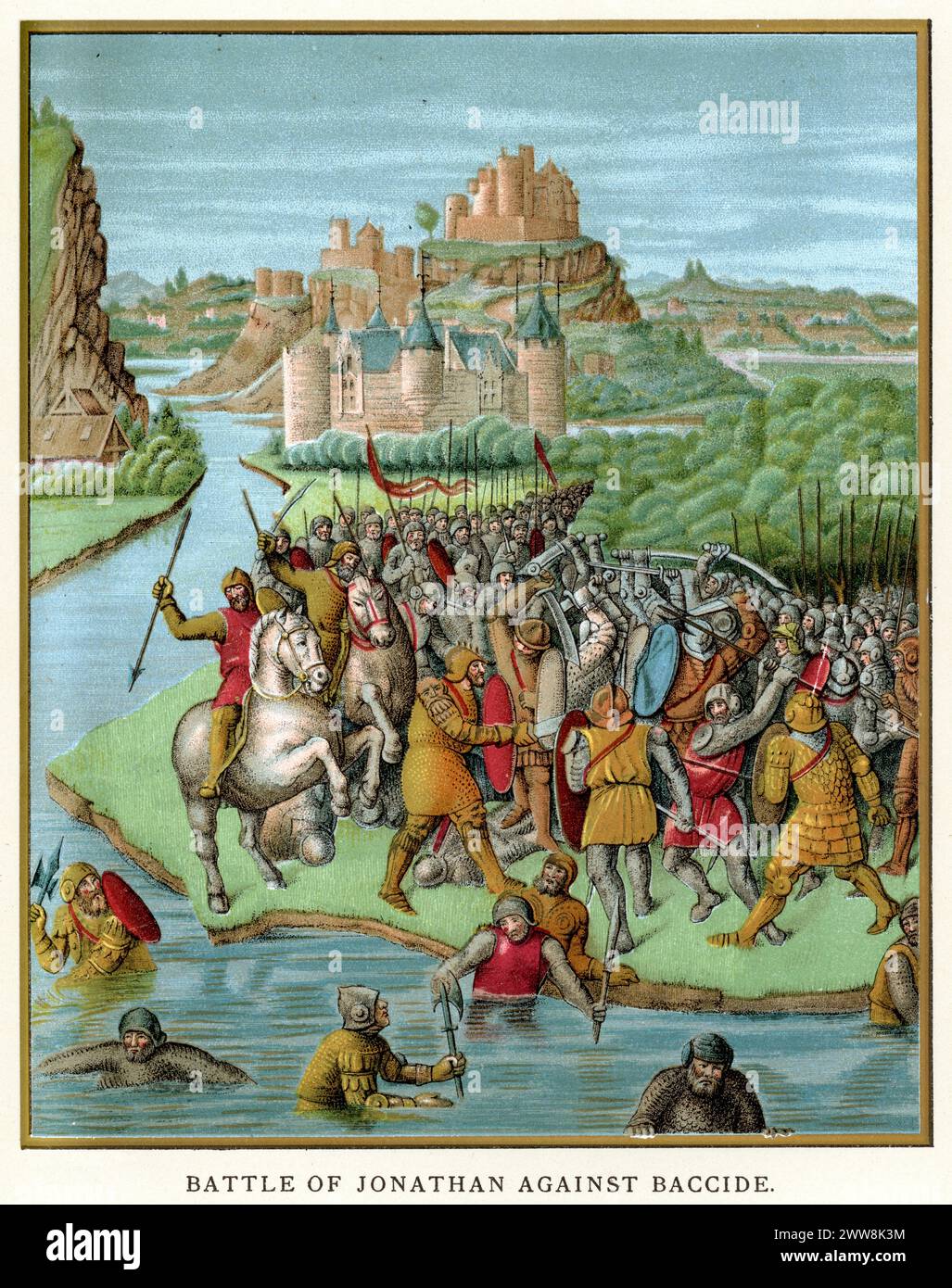 Schlacht von Jonathan gegen Baccide, umkämpfte Burg und Militäruniformen des 15. Jahrhunderts. Miniatur von J Fouquet, aus der Geschichte der Juden von Josephus. Stockfoto
