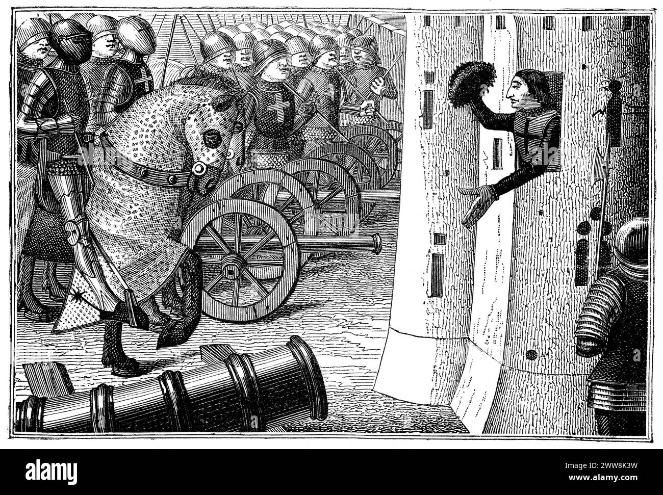 Wie der Herzog von Alancon die Stadt Alancon in der Normandie eroberte. Vigiles de Charles VII, 1484 Stockfoto