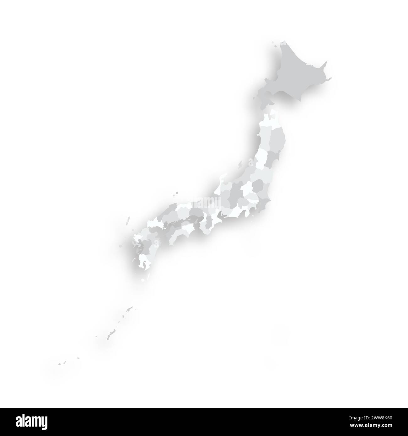 Japan politische Karte der Verwaltungsbereiche - Präfekturen, Metropilis Tokio, Territorium Hokaido und Stadtpräfekturen Kyoto und Osaka. Graue leere flache Vektorkarte mit fallendem Schatten. Stock Vektor